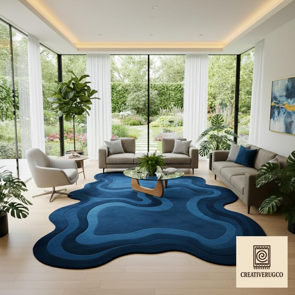 Hand Tufted Blue Abstract Rug, Modern Irregular Area Rug, Luxury Wool ...