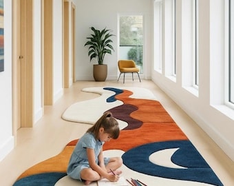 Alfombra moderna abstracta con mechones, colorida y ondulada, hecha a mano, de lana suave, para sala de estar, guardería y habitación infantil.