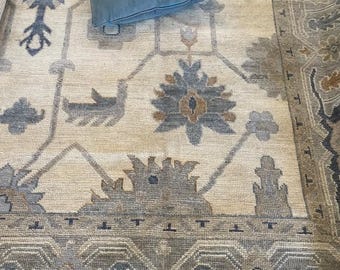 Vintage Beige & Blue Oriental Rug – Handwoven Distressed Turkish Oushak Style Area Carpet, Boho Farmhouse Decor 8x10,9x12,10x14 Rug