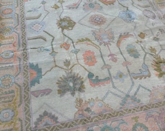 Alfombra turca Oushak hecha a mano / Alfombra turca con estampado floral pastel / Alfombra de lana beige y rosa / Alfombra grande para sala de estar de 5x8, 6x9, 8x10 y 9x12