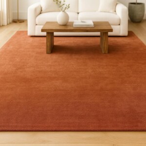 Minimalist solid color rug under wooden bed frame decor