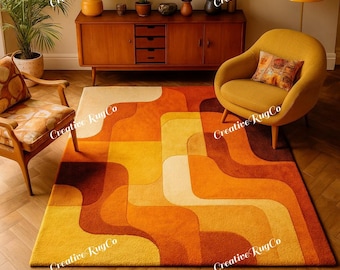 Retro Wave Hand-Tufted Rug – Mid Century Modern Carpet, 70s Style Geometric Rug, Orange Yellow Area Rug for Living Room Decor