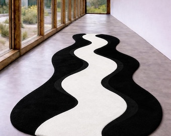 Alfombra ondulada blanca y negra, tejida a mano, de 5 x 25 cm, 7 x 30 cm y 10 x 40 cm. Moderna alfombra abstracta para pasillo, con formas orgánicas curvas, alfombra de entrada larga personalizada.
