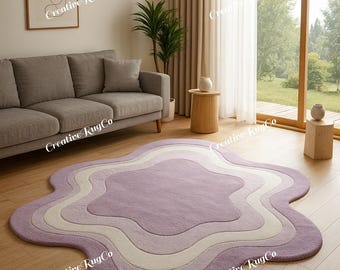 Lilac Wavy Abstract Rug | Hand Tufted Modern Carpet in Lavender and Cream | Soft Aesthetic Home Decor | Custom Shape Art Rug