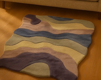 Mid Century Modern Wave Rug, Hand Tufted Retro 70s Geometric Carpet, Boho Cozy Floor Art, Orange Mustard Sunset Tones, Vintage Style Rug