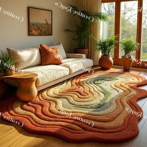 May include: A living room scene featuring a cream-colored sofa with orange throw pillows and a unique, layered rug. The rug showcases a gradient of warm colors, from deep orange to light beige, creating a textured, organic design. Potted plants and wooden furniture complete the cozy aesthetic.