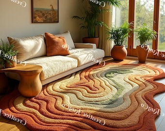 3D Wavy Orange Area Rug | Handmade Layered Abstract Carpet | Modern Earth Tone Floor Art for Living Room Creative Blob Rug by CreativeRugCo