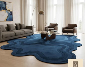 Hand Tufted Blue Abstract Rug, Modern Irregular Area Rug, Luxury Wool Designer Carpet, Contemporary Living Room Floor Rug