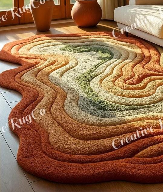 3D Wavy Orange Area Rug | Handmade Layered Abstract Carpet | Modern ...