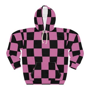 Sudadera unisex con capucha y estampado de cuadros en negro y rosa claro