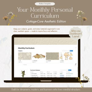 May include: A laptop screen displays a "Monthly Personal Curriculum" template with a "Cottage-Core Aesthetic Edition" theme. The screen shows organized subjects and a curriculum database. The image includes text: "Keep your subjects, goals, and study materials organized in one clear, aesthetic space."