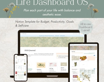 Sistema operativo Life Dashboard / Plantilla Notion para presupuesto, hábitos, metas, amor propio y productividad / Planificador personal todo en uno