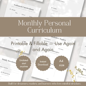 Pode incluir: Um modelo de currículo pessoal mensal imprimível e preenchível com o texto "Monthly Personal Curriculum". O design inclui seções para metas, tópicos e sessões de estudo. Inclui download instantâneo, tamanho A4 e início sem data.