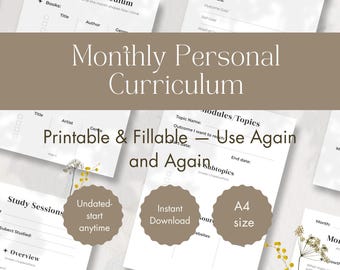 Monthly Personal Curriculum Planner | Aesthetic Printable | Personal Study & Reflection | Student template | A4 Fillable PDF