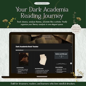 Puede incluir: Una pantalla de portátil muestra una plantilla "Dark Academia Book Tracker". Muestra portadas de libros, listas de lectura y aspectos literarios destacados. El banner superior dice "Your Dark Academia Reading Journey".