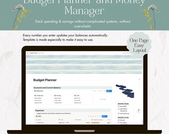 Puede incluir: Una pantalla de portátil muestra una interfaz de planificador de presupuesto con secciones para cuentas, gastos y objetivos mensuales. El texto dice "Budget Planner and Money Manager" y "One Page Easy Layout". El diseño es azul claro y blanco con detalles florales.