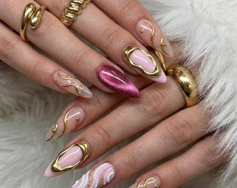 Handmade Luxury Pink Press On Nails, 3D Gold Metal Accent Nail Art, Abstract Marble NailSet. Glam Elegant Press Ons