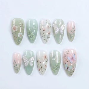 Handgjorda drömska fjärilspressnaglar, 3D vit fjäril och daggdroppekonst, avokadogrön och rosa toning, naglar för djärva konstnärliga vibbar