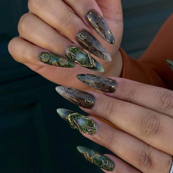 Handmade Dark Forest Press On Nails, Moss Green & Smoky Gray Nails, Gold Witchy Nature Nail Art