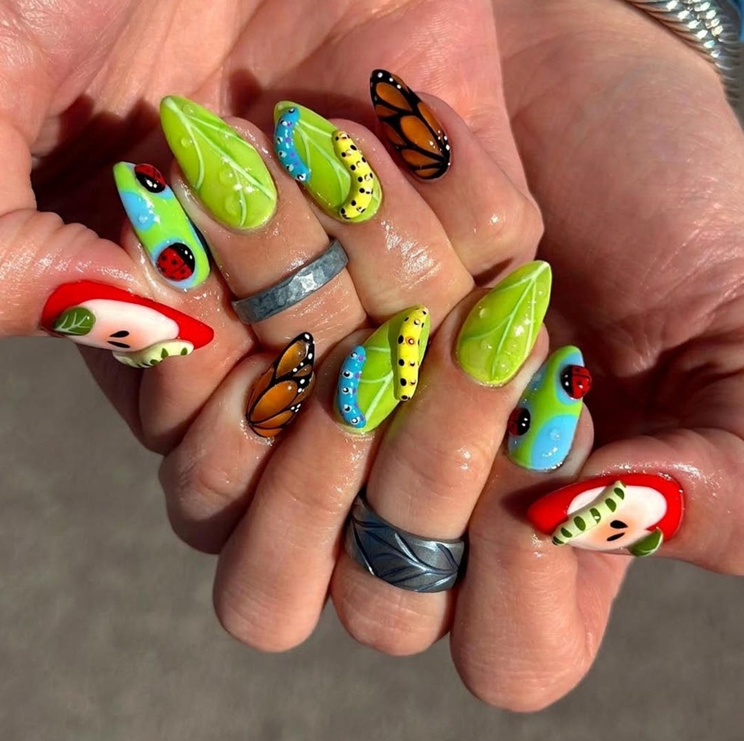 Handmade Nature Garden Press on Nails, Leaf & Ladybug Design, Butterfly ...