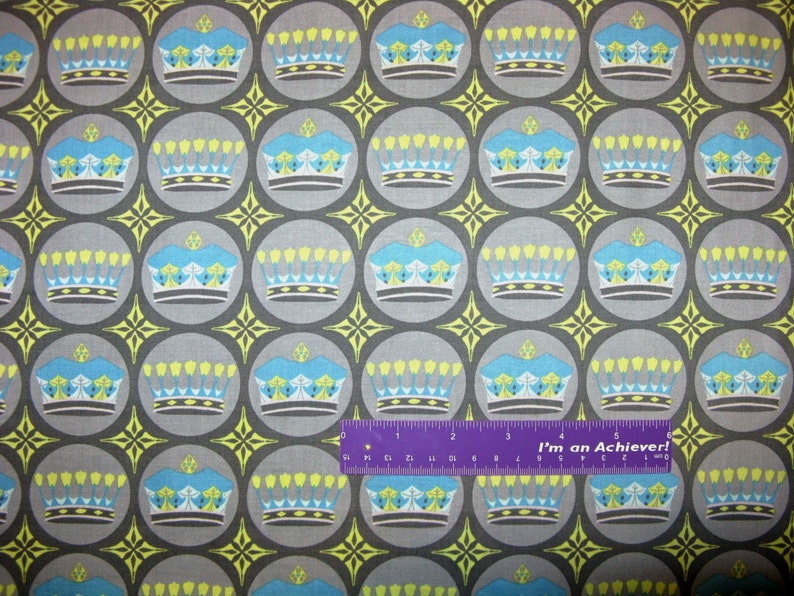 Kingdom Crown Tiara King Queen Ruler Czar Gray Cotton Fabric BY THE HALF YARD