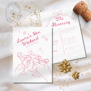 Könnte beinhalten: Einladungs- und Reiseplan-Set für einen Junggesellinnenabschied. Die Einladung zeigt eine rosa Strichzeichnung von Cocktailgläsern und den Text "Laura's Hen Weekend". Der Reiseplan ist ebenfalls rosa, mit einer Schleife oben. Ein Korken und goldene Schleifen sind ebenfalls im Bild.