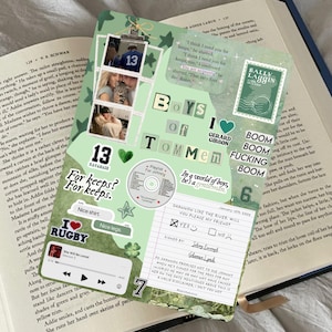 May include: A scrapbook-style page with photos, text, and stickers. The page features the text "Boys of Tommen," "For keeps? For keeps," and "I Rugby." There is a playlist for Johnny and a note that says "Shannon like the river will you please my friend?"