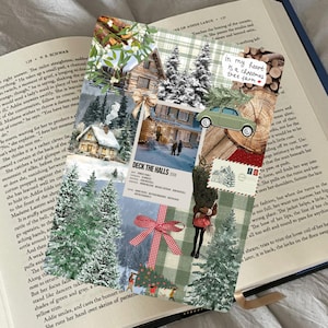 Puede incluir: Un collage con imágenes navideñas, incluyendo una cabaña, un coche verde y un lazo rojo, superpuesto a un libro abierto. El texto "Deck the Halls 2008" y "In my heart is a christmas thee farm" son visibles.