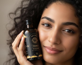 Plantilla de etiqueta de lujo para productos de cuidado de la piel / Diseño de empaquetado cosmético editable en Canva / Oro negro