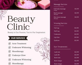 Plantilla de volante para salón de belleza/lista de precios de spa, diseño editable en Canva (descarga digital)
