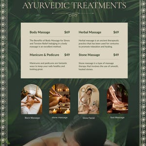 May include: A dark green promotional flyer for Ayurvedic treatments, featuring text and images. The flyer lists services like body massage, herbal massage, manicure, pedicure, stone massage, glow facial, and foot massage.