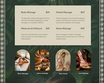 Plantilla de Canva para volante de spa ayurvédico / Menú editable de servicios de bienestar y masajes / Póster imprimible para salón