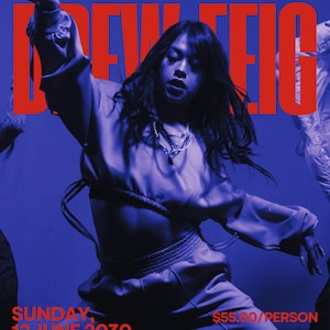 May include: Poster for an online dance course with a dancer in a dynamic pose. The text reads "ONLINE DANCE COURSE" and "DREW FIG" in large red letters. Details include the date, time, and location.