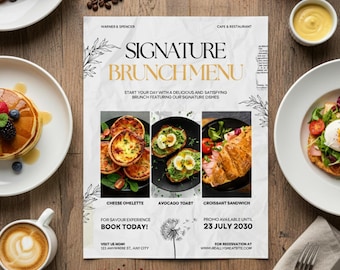Plantilla editable de volante de menú de brunch / Menú de restaurante y cafetería en PDF / Diseño de promoción de comida de hotel