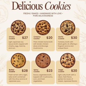 May include: A bakery menu featuring six cookie varieties: Choco, Creamy, Garlic, Butter, Spicy, and Vegle. Each cookie is displayed with its name and price. The menu includes the bakery's name and address, and the text "Delicious Cookies."