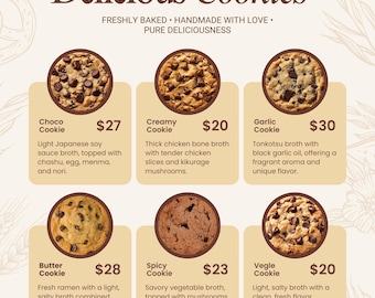 Plantilla de volante para menú de panadería / Lista de precios de galletas (PDF imprimible)