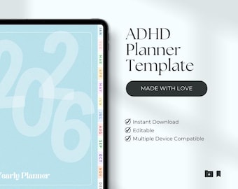 Planificador TDAH 2026 / Planificador digital editable de Canva / PDF de uso comercial PLR