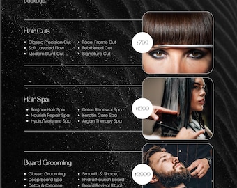 Folleto de paquetes de belleza / Menú de lista de precios de salón / Servicios de peluquería y cuidado personal / Plantilla editable de Canva