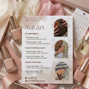Könnte beinhalten: Werbebild für Selena Nail Studio mit Nagellackflaschen, Nagelstickern und einer Preisliste für Nailart-Dienstleistungen. Die Farbpalette umfasst sanfte Rosa-, Beige- und Goldtöne, mit Fokus auf Nagelpflege und -design.