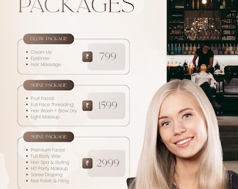 Plantilla de lista de precios de salón / Menú de paquetes de belleza, folleto editable en Canva (descarga digital)