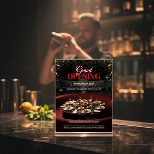 Puede incluir: Un letrero acrílico transparente en una barra anuncia una "Grand Opening" en Phoenix Plazas. El letrero presenta detalles dorados y una zona de asientos de terciopelo rojo con platos de comida. Un camarero está borroso en el fondo.