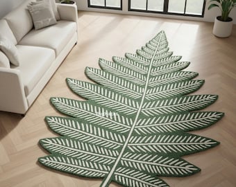 Tapete de lã tufado à mão | Design de folha verde, decoração botânica