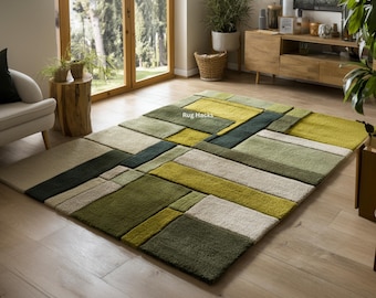 Green Geometric Wool Rug | Hand Tufted Modern Abstract Carpet | Olive Line Living Room Decor