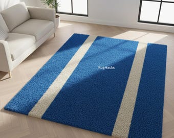Handgetufteter Wollteppich | Blau und Weiß Gestreift, Modern Minimalist
