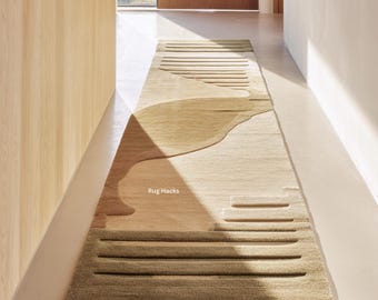 Modern Beige & Sage Green Hallway Runner Rug | Hand Tufted Wool Long Carpet | Minimal Abstract Neutral Hallway Decor