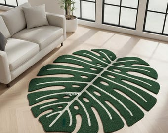 Handmade Monstera Leaf Wool Rug | Tropical Green, Modern Decor