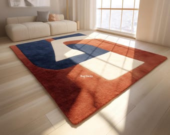 Alfombra geométrica abstracta azul marino, naranja, crema y azul / Moderna alfombra rectangular de 1,5 x 2,4 m con bloques de color / Decoración artística suave para el hogar