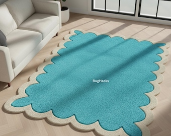 Blue Scalloped Rug, Hand Tufted Area Rug, Turquoise Wavy Edge Carpet, Modern Living Room Decor