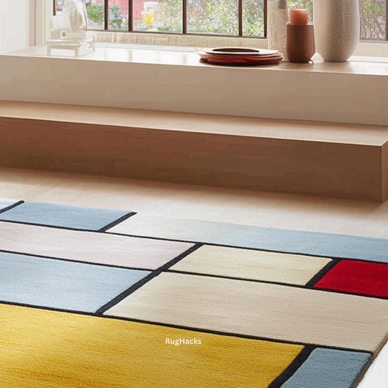 May include: A colorful geometric rug with rectangular blocks in yellow, red, blue, and cream, separated by black lines. The rug has a modern design and is placed on a light-colored wooden floor. The text "RugHacks" is visible in the bottom corner.