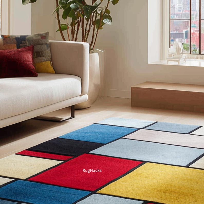 May include: A colorful geometric rug with a Mondrian-inspired design. The rug features rectangular blocks of red, blue, yellow, black, and white, outlined with black borders. The rug is placed in a living room setting with a white sofa and a large potted plant.